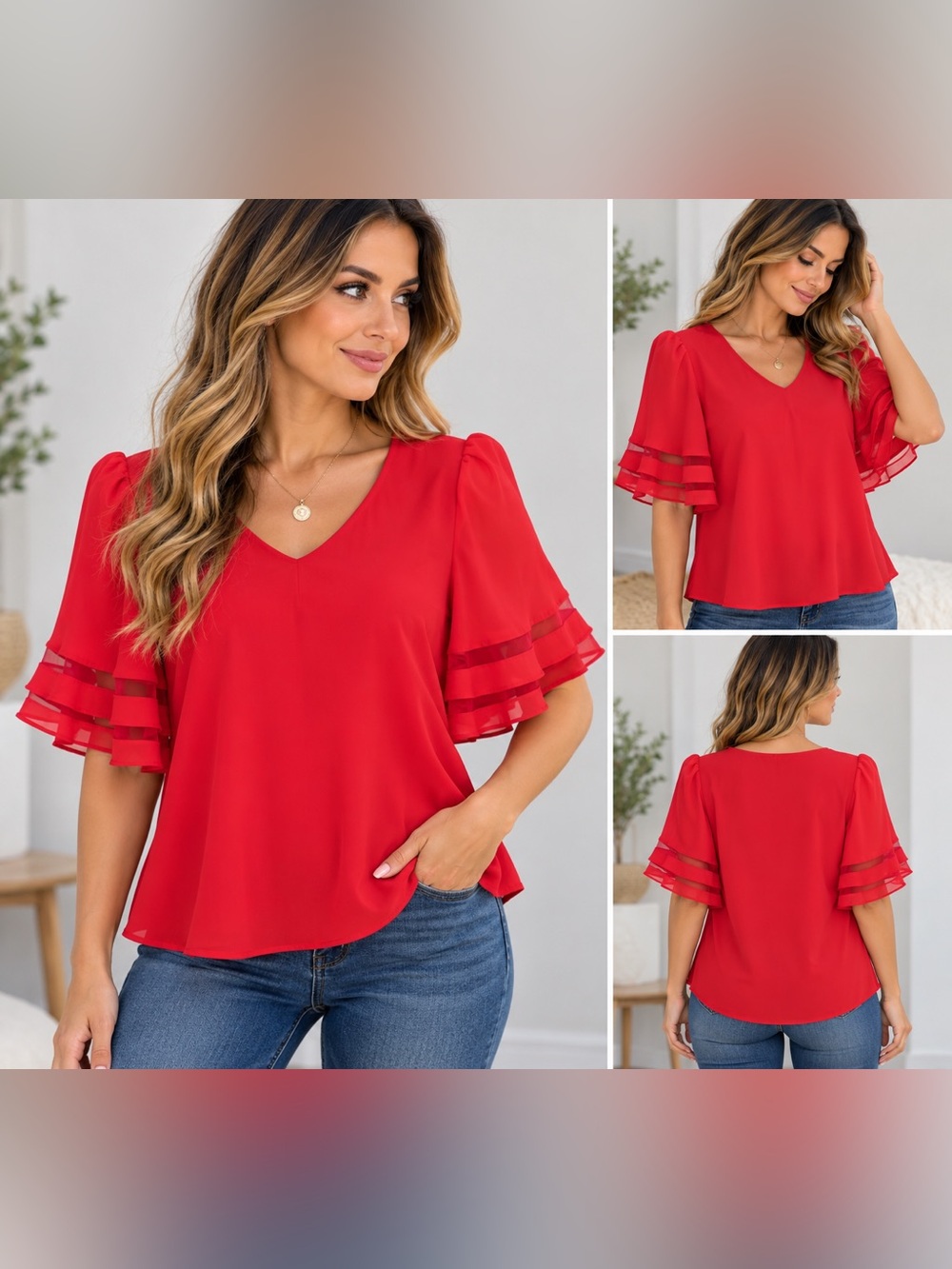NWOT! Source Unknown Red V-Neck Tiered Flutter Sleeve Top